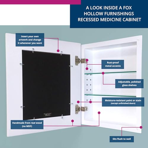 Image of 14x18 Concealed Picture Frame Medicine Cabinet Without Mirror for Bathroom, Recessed in The Wall, Made in North America, Real Wood, NO MDF, Adjustable Shelves, Shaker White