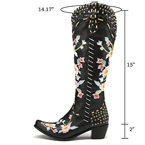 Image of YIYA Women's Star Cowboy Boots Black and White Cowgirl Boots with White Stars Pointed Toe Chunky Low Heel Pull-On Wide Calf Western Embroidered Boots