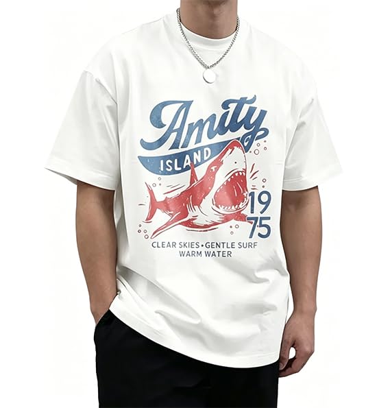 Mens T-Shirts Vintage Style Shark Graphic Printed Tee Tops Short Sleeve T-Shirt Amity Island 1975 Clear Skies Shirt
