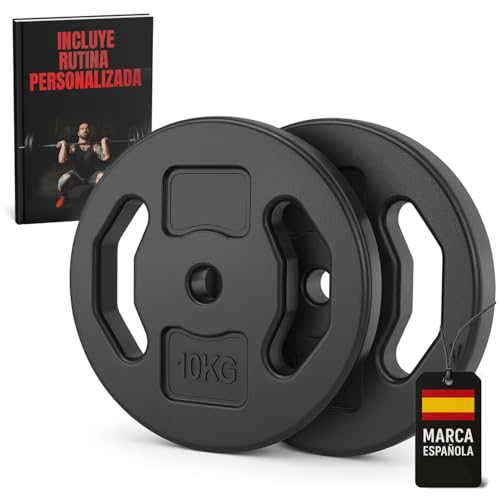 Discos pesas, pesas, 30mm, 2,5kg - 5kg - 10kg, ejercicios gimnasio en casa, barra gimnasio, mancuerna, rutina entrenamiento, guia entrenamiento personalizada (2 X 10 KG)