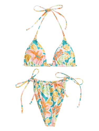 Image of ZAFUL Womens Printed Triangle Bikinis 2 Piece Halter Bikini Sets High Cut Bathing Suit Side Tie Swimsuits