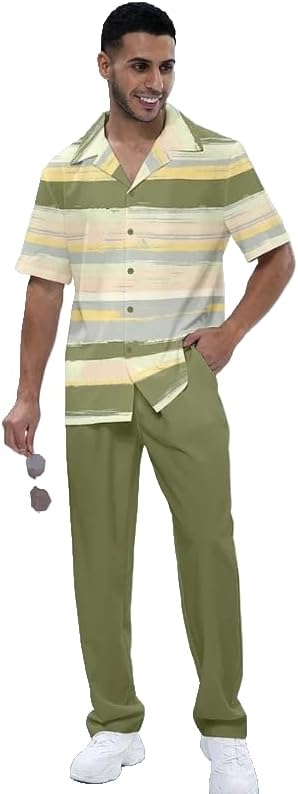 Men's printed short sleeved shirt long pants two-piece set button lining top loose pants summer beach vacation set