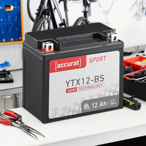 Accurat Motorradbatterie YTX12-BS - 12V, 12Ah, 180A, rüttelfest, wartungsfrei - Starterbatterie, AGM Batterie in Erstausrüsterqualität für Rasentraktor, Roller, Motorrad, Quad