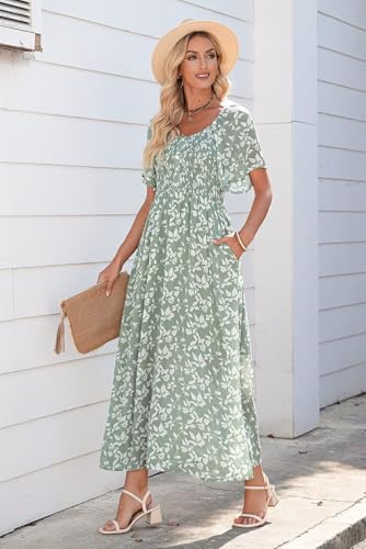 Image of Dokotoo Womens Dresses 2025 Square Neck Tie Backless Summer Dresses Cap Sleeve Floral Buttoned Empire Waist Maxi Dress