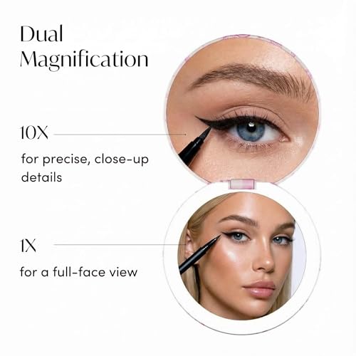 Image of Fancii Taylor LED Lighted Travel Makeup Mirror, Rechargeable, 10x /1x Magnifying, Tru-Glow Lighting System, XL Large 5 inch Wide | Compact Mirror for Purses (Rosette Ribbon)
