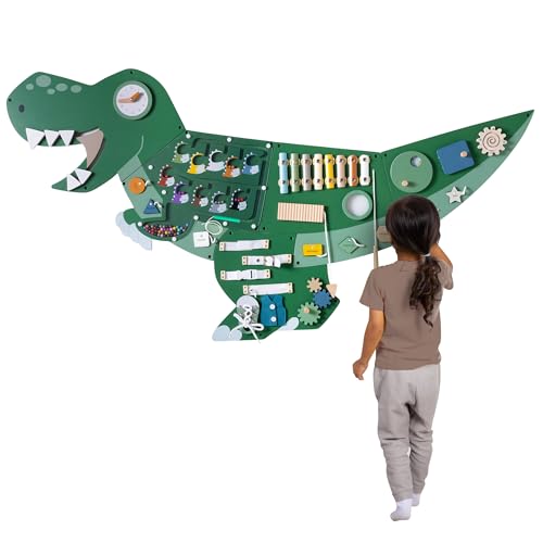 Dinosaur Activity Wall Busy Board - Wooden Sensory Wall Panel for Kids & Toddler Wall Activity - Interactive Montessori Wall Activity Board for Boys & Girls - Perfect for Playroom Daycare Waiting Room
