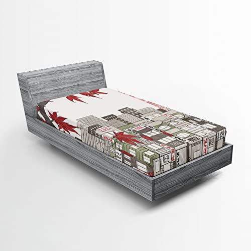 Ambesonne Tokyo 2 Pack Fitted Sheet, Japanese City Art Panorama, Bed Cover All-Round Elastic Deep Pockets 2 Pieces, Package Contains 2 Twin Size Fitted Sheets, Coconut Red
