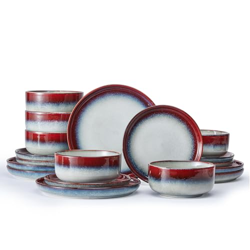 KINGSTONE Stoneware Dinnerware Sets for 6, 18-Piece Reactive Glaze Plates and Bowls Sets, Scratch-Resistant Rustic Ceramic Dish Set for Home Kitchen, Microwave and Dishwasher Safe, Kiln-Fire