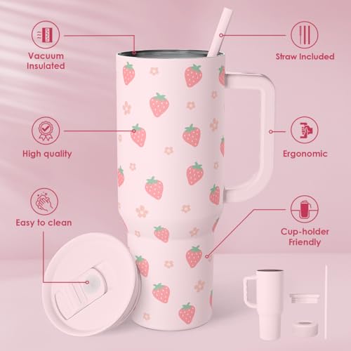 Image of SANDJEST Strawberry Tumbler with Handle 40oz - Insulated Stainless Steel Travel Coffee Mug Cup for Girls Women, Gift for Christmas, Birthday