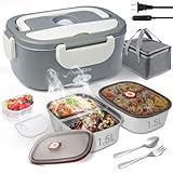 NestDin Heated Lunch Box for Men: 80W Electric Lunch Box with Dual Stainless Steel Containers - 12V/24V/110V Food Warmer with Utentils and Insulated Bag for Work, Truck Drivers, Office and Travel