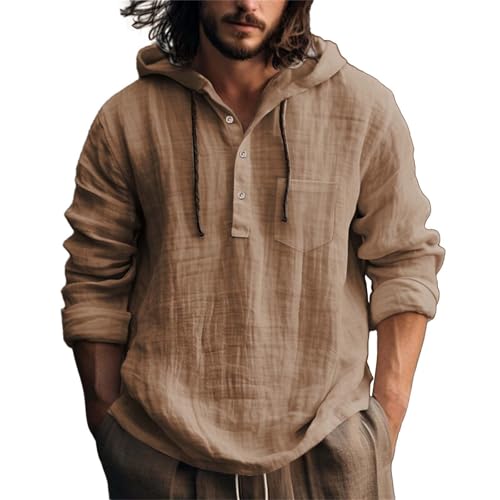Generisch Moda Hombre Abrigo con Capucha Color Sólido Con Bolsillo Lino Casual Manga Larga Camisa Hombre Para Elegante Ropa Casual, marrón, 3XL