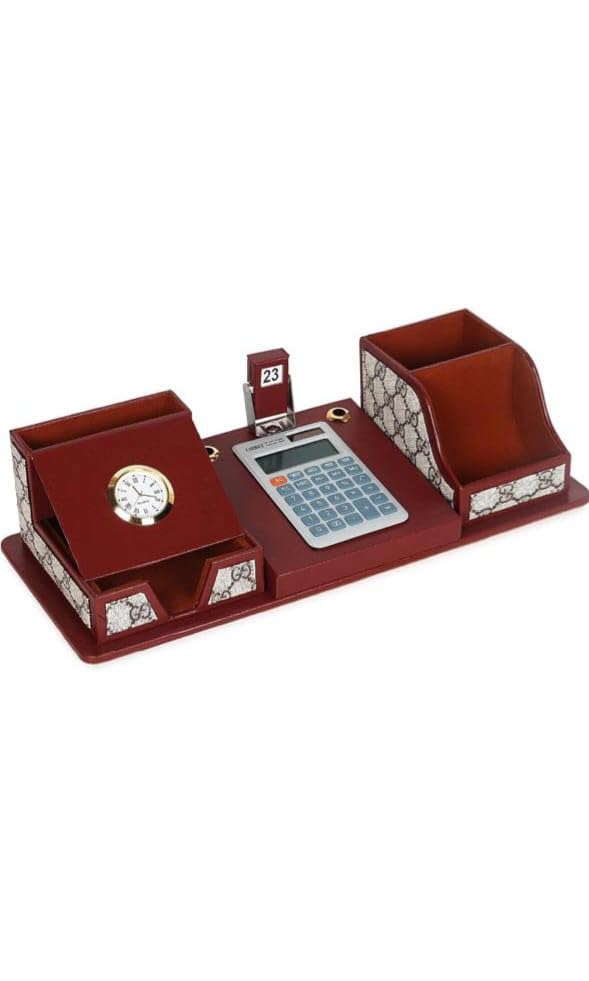 Image of LUVYANSH Leather Multipurpose Desk Organizer Pen Stand and Mobile Holder With Calculator,Watch and date For Office Table Top Desktop (15x6 Inches) (Brown) colour