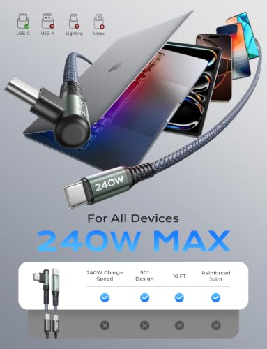 Image of AINOPE 240W USB C to USB C Cable [10FT] Right Angle C to C Cable Fast Charging,Sideways Phone Charger USBC to USBC Fits iPhone 17 16 15 Pro Max Plus,MacBook Air /Pro,iPad Pro,Samsung S25,Pixel,iPad