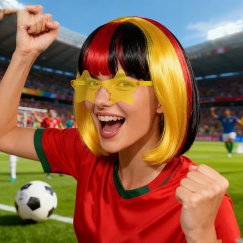 Image of ANOGOL Hair Cap + (Sunglasses) Black Red Blonde Bob Wig with Bangs Womens Black Party Wigs with Sunglasses Short Neon Wig Fun Wigs Halloween Costume Bachelorette Hair Sports Event St Patrick Day