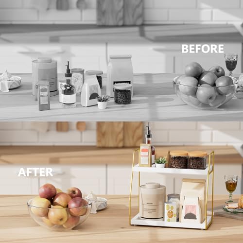 Yaoyiizy Coffee Organizer Station for Countertop, 2 Tier Coffee Accessories for Coffee Bar, Wooden Shelf Gold Metal Station Organizer for Countertop, Kitchen - Thumbnail 2