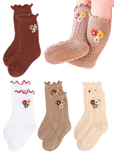 Urieo Baby Girls Knee High Socks Cotton Ruffle Sock Flower Long Stockings for Infants Toddlers Kids Girls