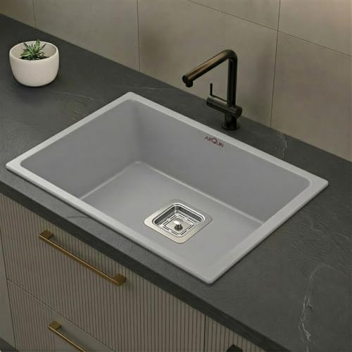 Image of ARQUIN Quartz Sink 24x18x9 Inch Grey | Single Bowl Sink | Durable & Scratch-Resistant | Undermount /Topmount Including Coupling, Waste Pipe & Fruit Washing Basket