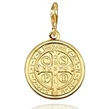 Petite Juliette Joyas Colgante Medalla San Benito para Mujer. CHARM REVERSIBLE amuleto de 2 cm de diámetro. Medalla de latón con cierre de plata de ley 925 y acabado en Baño Oro de 24 kilates.