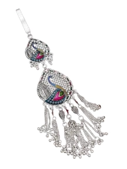 Traditional Silver-Tone Floral Tassel Hair Accessory with Intricate Cutwork Design, Decorative Hanging Chains, Beaded Dangles, Ethnic Hair Ornament for Women, Festive and Wedding-image-13