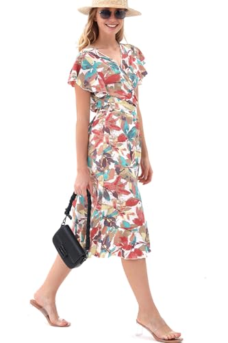 Image of Women's Summer Wrap Maxi Dress Casual Boho Floral V Neck Short Sleeve Ruffle Hem Split Beach Long Dresses