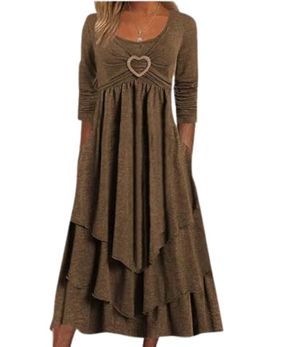 Women's Long Sleeve Round Neck Love Layered Irregular Cake Dress Splicing Plaid High Waisted Fluttering Dresses