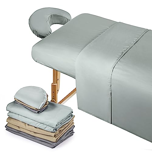 Kinlop 3 Sets Microfiber Massage Table Sheet Set 3 Colors 3 Piece Set Includes Massage Flat Sheet Fitted Sheet and Massage Face Rest Cover Stain Wrinkle-Resistant(Coffee, Bean Green, Gray)
