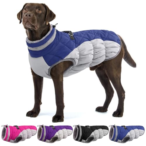 OUOBOB Large Dog Coat, XXLarge Dog Winter Coat, Waterproof Pet Jacket with Back Zipper,Extra Large Pet Coats, Warm Fleece Jacket with D-Ring, Windproof Winter Clothes Golden Retriever,Blue,XXL
