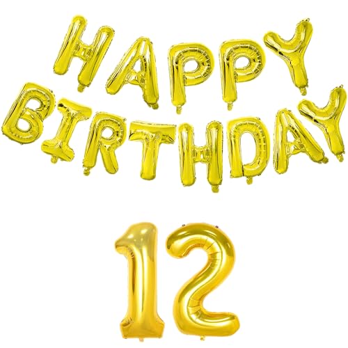 Image of Flyloons 12th Golden Happy Birthday Foil Balloon Banner Set for 12 Year Old Boys Girls Teenage | with Number Twelve | 13 Letters Reusable Happy Birthday Metallic Foil Balloons Decoration Kit,15 piece