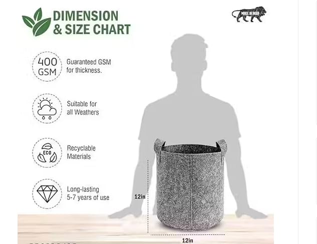 Image of OON Geo Grow Bag for Terrace and Flowers Vegetable Gardening, Premium Geo Fabric 450 GSM Plant Bags, Maroon Color, Eco Friendly Geo Fabric (5, Grey, 12X12 INCH)
