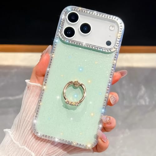 Coque diamant iPhone 15 vert anneau pailleté antichoc