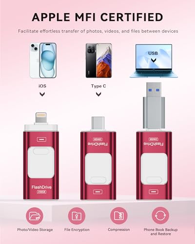 Image of Apple MFi Certified 256GB Flash Drive for iPhone Thumb Drive Photo Stick, USB Memory Stick iPhone Flash Drive for Photos Videos, High Speed Jump Drive Compatible for iPhone /iPad /Android /PC (Red)
