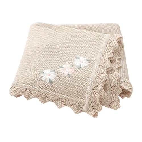 Image of LAWKUL Baby Blanket 100% Traceable Cotton Knit Receiving Blankets Infant Swaddle for Newbron Boy Girls 40"x30" Beige Floral