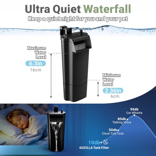 Image of GOZILLA Turtle Tank Filter 105GPH, Low Water Level Turtle Tank 5W Fish Tank Aquarium Filters for Small Tanks up to 20 Gallons Include 4 Replacement Cartridge.(Black)