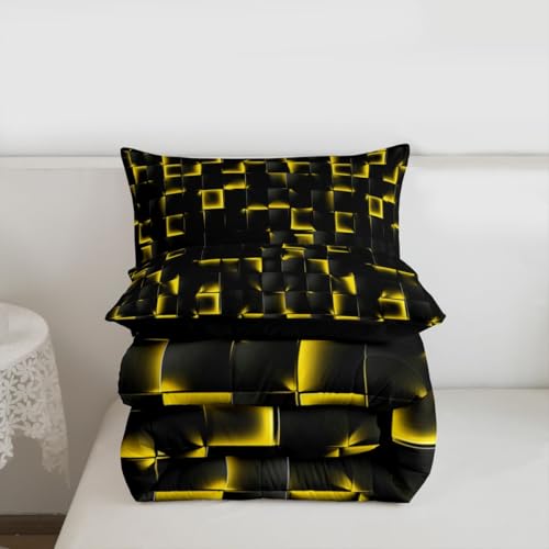 Image of Erosebridal Geometric Checkered Comforter King Size Neon Black Gold Comforter Set for Kids Teen Men Gaming Room Decor,Abstract Ombre Plaid Bedding Set Grids Quilt Duvet