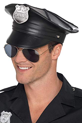 Smiffys Deluxe Police Hat, Black Faux Leather, Cops & Robbers Fancy Dress, Cops and Robbers Dress Up Hats