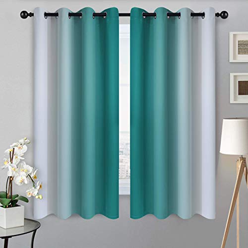 Image of SimpleHome Ombre Teal to Grey White Curtains for Living Room 52Wx63L | Room Darkening Curtains for Bedroom,Gradient Light Blocking Curtain,Thermal Insulated Grommet Window Drapes,2 Panels,63 Inch