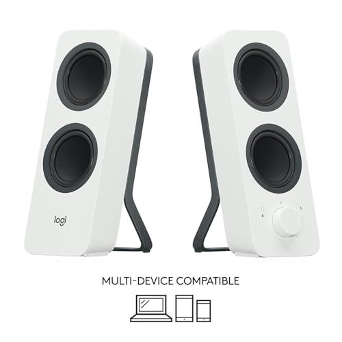 Logitech Z207 Système de Hauts-Parleurs Bluetooth pour PC, Son Stéréo, 10W en Puissance, Entrée Audio 3,5 mm, Prise Casque, Multi-Dispositifs, Prise EU/FR, Ordinateur/TV/Smartphone/Tablette - Blanc