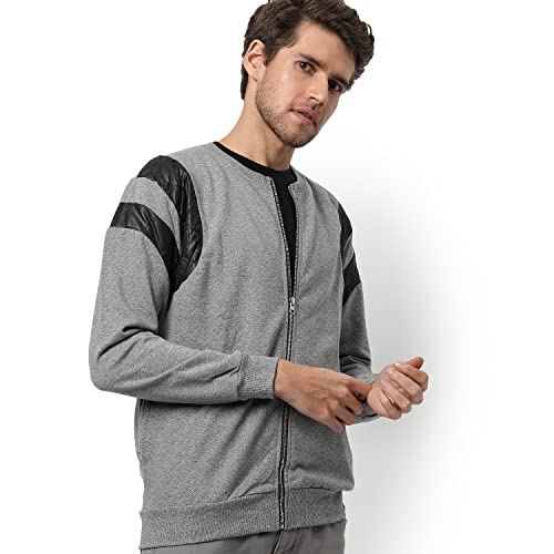 Image of Campus Sutra Men's Light Grey Solid Vegan Leather Regular Fit Cotton Jacket For Winter Wear | Round Neck Collar | Full Sleeve | Zipper | Casual Jacket For Man | Western Stylish Jacket For Men