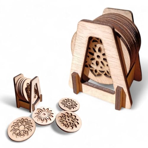 Set van 8 houten onderzetters met mandala-gravure, ronde onderzetters voor warme en koude dranken, keuken- en tafelaccessoires, natuurlijk hout