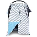 2 in 1 Carseat Canopy and Nursing Cover Up with Peekaboo Opening | Large Infant Car Seat Canopy for Girl or Boy | Best Baby Shower Gift for Breastfeeding Moms | Chevron Pattern with Blue Minky