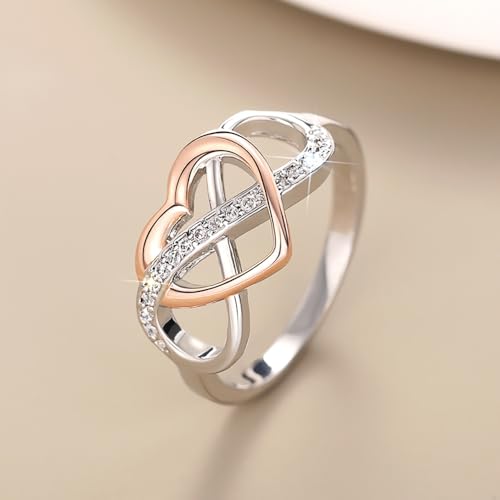 Fashion Two-tone Style Heart Love Ring Female Wedding Band with Bright Cubic Zirconia3