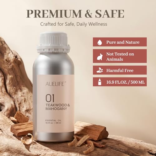 Image of Auelife 16.9oz (500 ml) Teakwood & Mahogany Essential Oils for Diffusers for Home, Large Aluminum Bottle Fragrance Oil for Candle & Soap Making, Aromatherapy Oil for DIY Scents & Home Fragrance