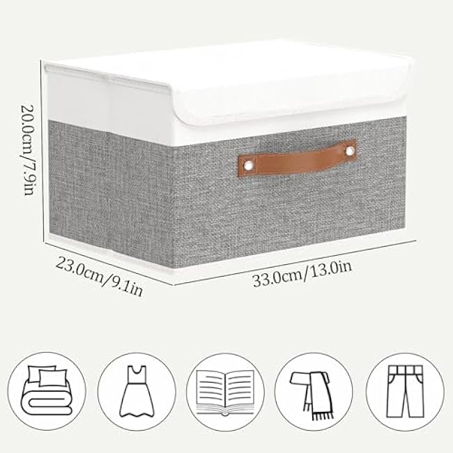 OUTBROS Large Foldable Storage Bins, Linen Fabric Box with Lid, Organiser for Shelves, Cubes For Towels, Clothes, 13 x 9.1 x 7.9 inch (White/Grey, 1-Pack)
