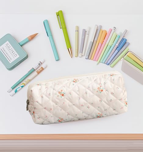 Image of Carry bloom Pencil Pouch Cute Pencil Case for Girls Aesthetic Pencil Bag with Zipper Pen Cases School Supplies Makeup Bag (3 floral beige)