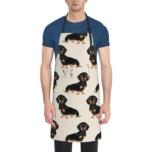 Image of Dachshund Print Aprons with Adjustable Neck Straps Oxford Cloth Aprons for Cooking Baking Black One Size Black One Size, black, One Size