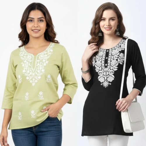 Image of Women's Rayon Kashmiri Embroidered Short Kurti | Stylish and Comfortable Kashmiri Short Kurti Tops for Casual Or Special Occasions | Pack of 2 Combo |