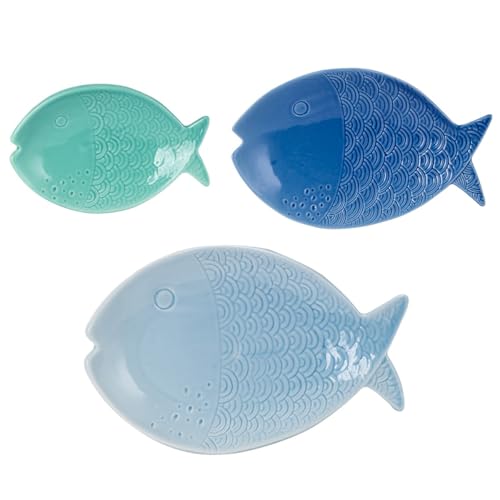 Générique Set de 3 plateaux de service en céramique en forme de poisson, 27 cm, bleu, vert et bleu foncé