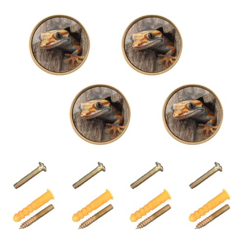 SyXIOP Geckoes - Juego de 4 tiradores y pomos de madera 3D con fondo de madera de reptiles para cajones de cocina, 1.26 pulgadas (32 mm)