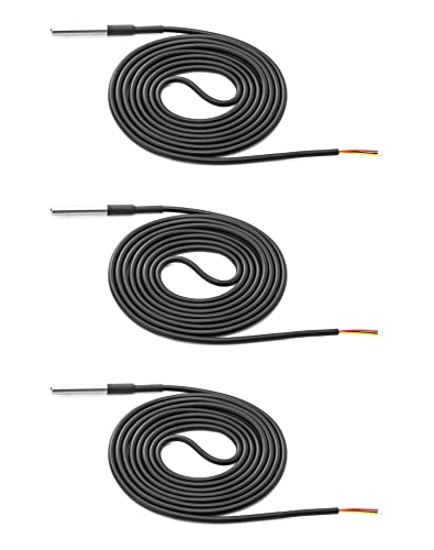 QWORK Pack of 3 DS18B20 temperature sensors, stainless steel temperature sensor, 2 m sensor cable, temperature -55 °C to + 125 °C