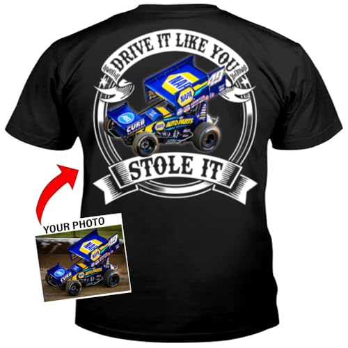Kool-Kool Sprint Car Racing Personalized Photo T-Shirt for Dirt Track Drag Racing Racers, Late Model, Street Stock Modified Car, Funny Racer, Drive It Like You Stole It (on The back) (BK47) Black